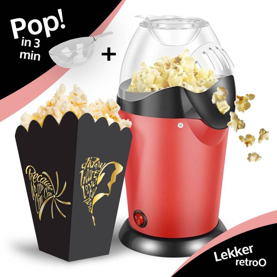 YellowPack Retro Popcorn Machine Rood (2-3 personen) Inclusief maatlepel Klaar in 3 minuten Zonder olie Popcornmaker
