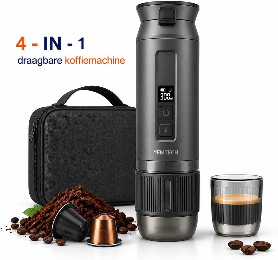YEMTECH 4 in 1 Draagbare Koffiemachine Draagbare Espressomachine Espresso Filterkoffie 100 ml Mini Koffiemachine Oplaadbaar 9600mAh Pour-Over Filterkoffie