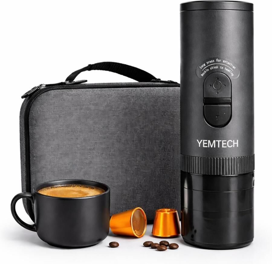 YEMTECH Elektrische Draagbare Espresso Machine – Draagbare Koffiemaker Koffiemachine Elektrische Espressomachine Koffieautomaat 20 Bar – Capsule & Gemalen Koffie – USB-C Oplaadbaar – 7500mAh – Elektrische Reiscup – Inclusief Draagkoffer – Zwart