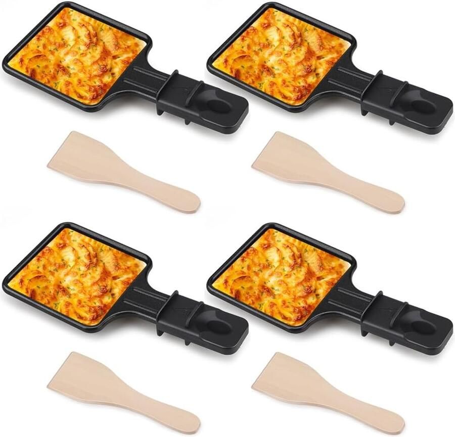 Ynkkvre Anti-Aanbak Pannetjes Raclette Pannen Hoge Kwaliteit IJzer Met Kunststof Coating En Geïsoleerde Houten Grepen 4 Stuks Voor Elektrische Grill En Tafelgrillen Groen
