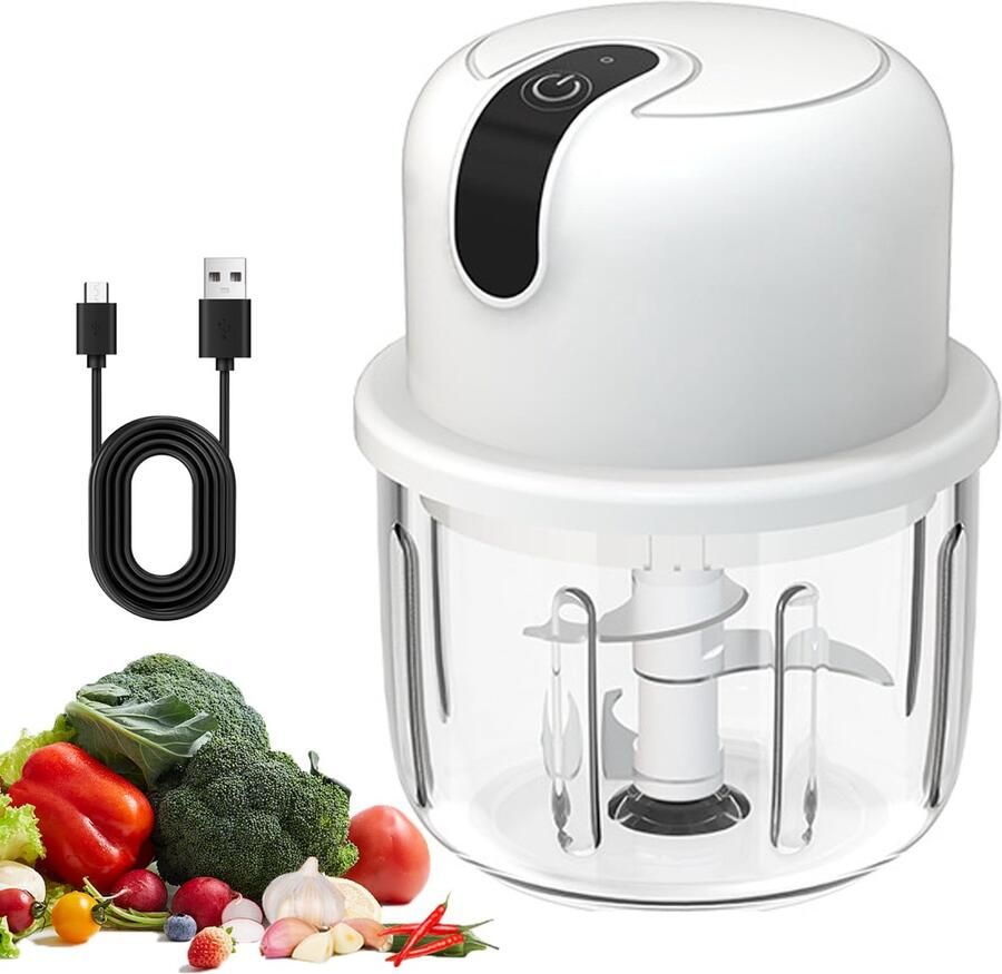 Ynkkvre Food Processor -Mini USB Hakmolen Elektrisch Foodprocessor Hakmolens Uiensnijder vaatwasser bestendig Chopper RVS Messen 300 ml- Draadloos Babyvoeding blender