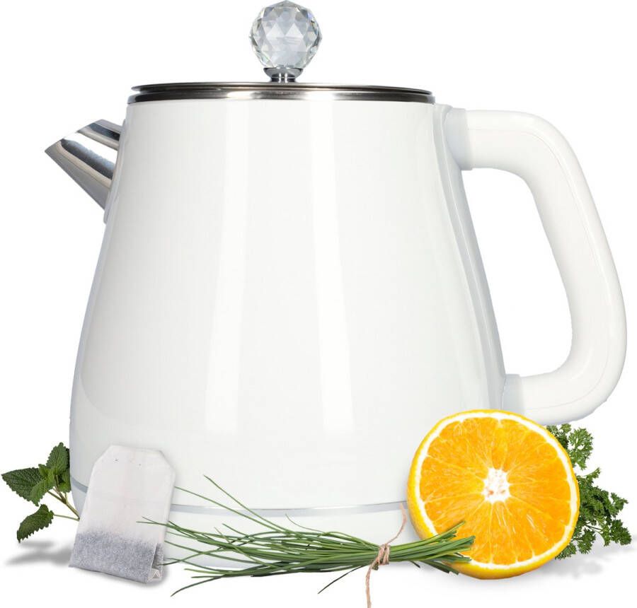 Yousdas Witte RVS waterkoker Dubbelwandige waterkoker voor in de keuken 1.8 liter Laag energieverbruik Snel kokend Moderne waterkokers LED indicator voor aan en uit Warmhoudfunctie Wit