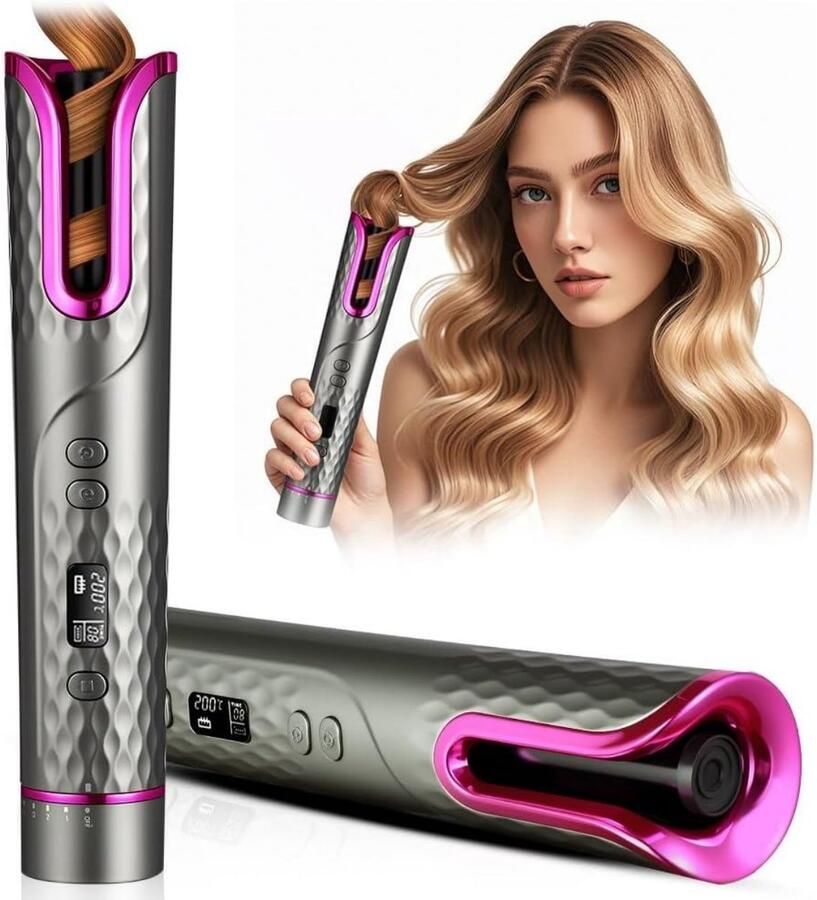 YOZHIQU Draadloze automatische krultang Oplaadbaar 4 temperatuurinstellingen (150-200 °C) Snel opwarmen Automatische rotatie Anti-verbranding Voorkomt klitten Geschikt voor thuis en op reis