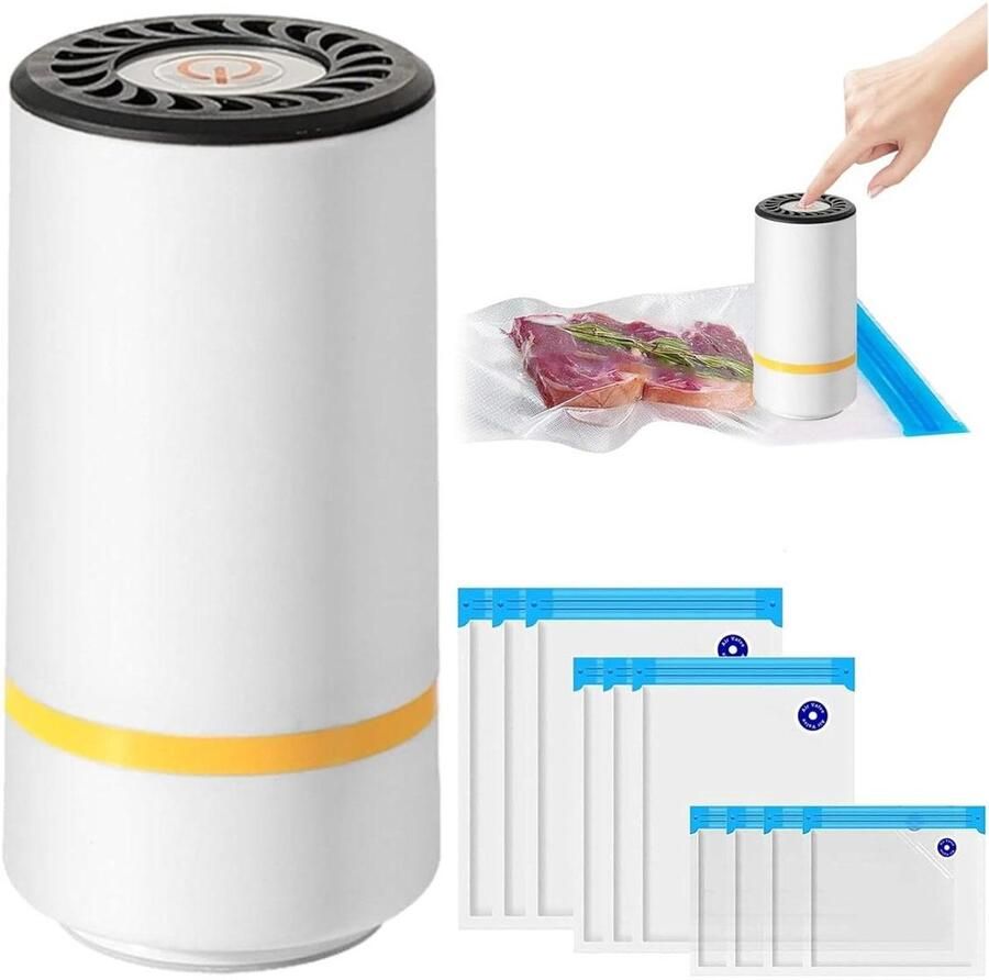 YOZHIQU Handvacuümsealer Mini USB oplaadbaar Draagbare vacuümsealer Inclusief 10 herbruikbare zelfsluitende zakken Geschikt voor het vacuümverpakken van droge en natte voedingsmiddelen