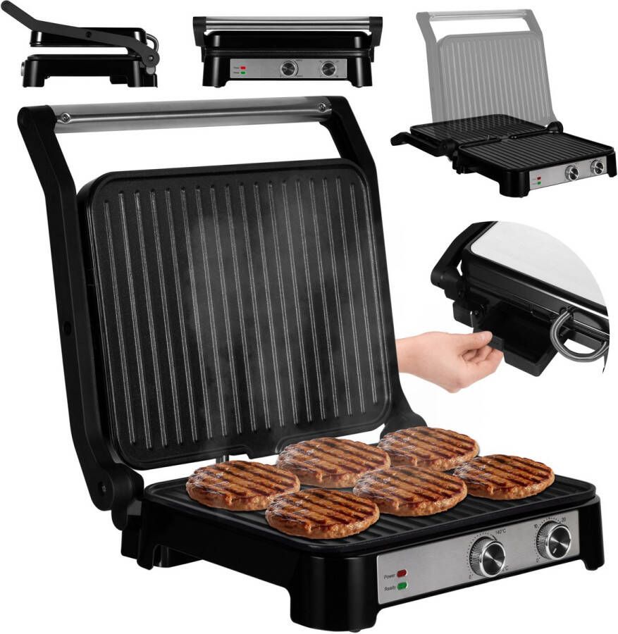 Zeegma Grill Chef Base Control – Elektrische Contactgrill – 2000W – Ingebouwde Timer – Openklapbaar als Tafelgrill – Instelbare Temperatuur – Antiaanbaklaag – LED Indicatoren – Vetopvangbak – Verstelbare Grillplaten – Hittebestendige Handgreep