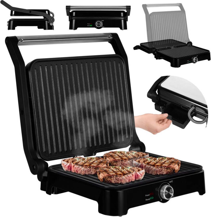 Zeegma Grill Chef Base – Elektrische Contactgrill – 2000W – Openklapbaar als Tafelgrill – Instelbare Temperatuur – Antiaanbaklaag – LED Indicatoren – Vetopvangbak – Verstelbare Grillplaten – Hittebestendige Handgreep – Compact en Ruimtebesparend