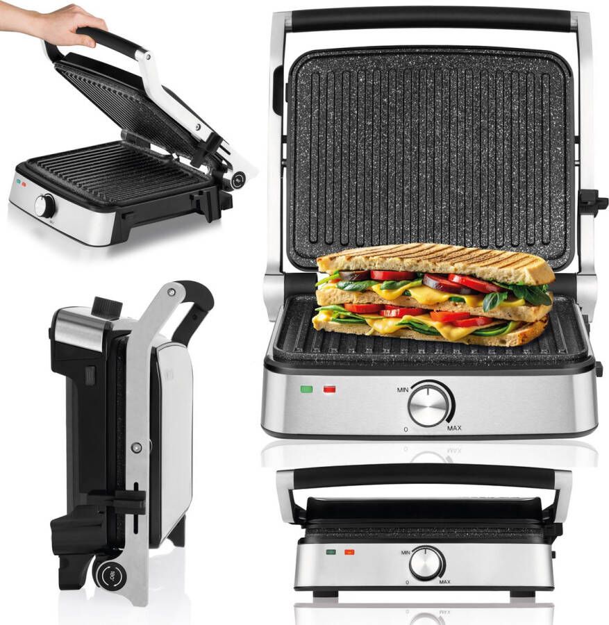 Zeegma Grill Chef Easy 2in1 Elektrische Grill & Panini Toaster 2000W Non-Stick Keramische Plaat Uitklapbare 180° Gril Temperatuurregeling Vaatwasserbestendig