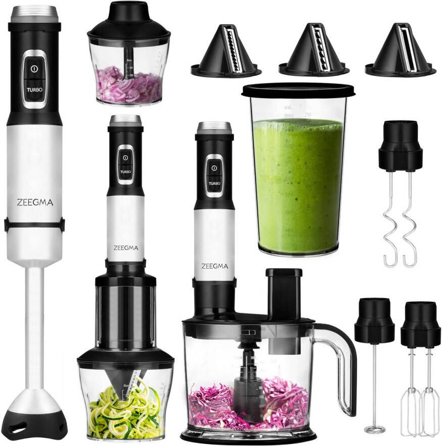 Zeegma Handy Chef — Staafmixer Set 10in1 — 1500W — Titanium Messen — Blender — Mixer — Hakmolen Electrisch — Spiralizer — Schijven — Rasp — Kneder — Klopper — Melkopschuimer Elektrisch — Smoothie — Sauzen — Soepen — Groenten — Deeg Vaatwasserbestendi
