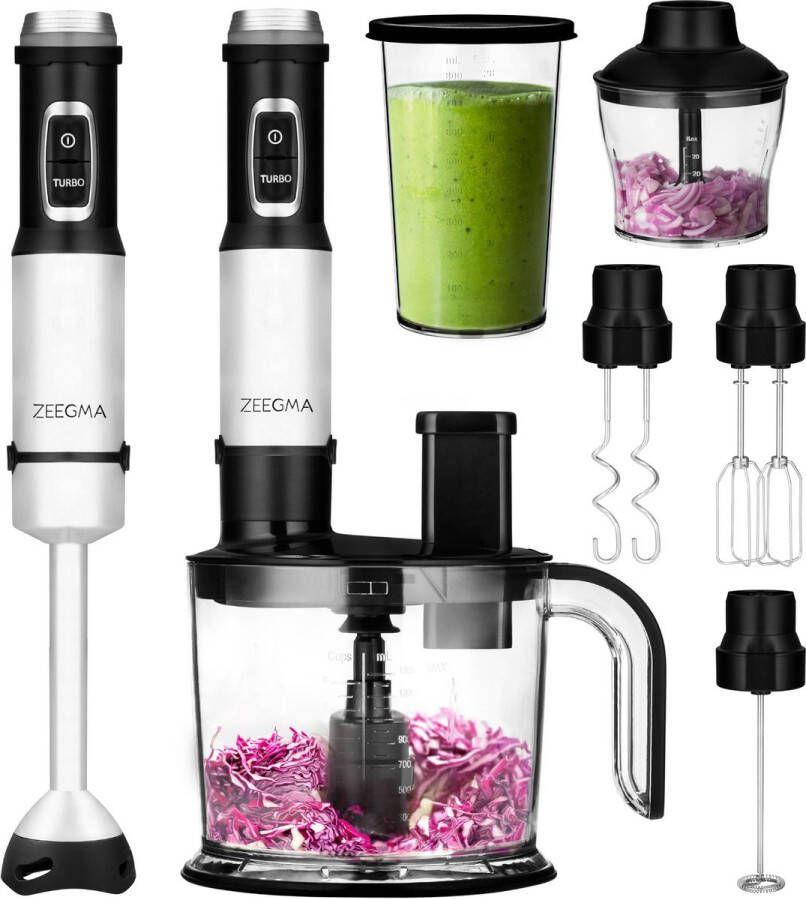 Zeegma Handy Chef — Staafmixer Set 9in1 — 1500W — Titanium Messen — Blender — Mixer — Hakmolen Electrisch — Foodprocessor — Snijschijven — Raspschijven — Kneder — Klopper — Melkopschuimer Elektrisch — Smoothie — Soepen — Groenten Vaatwasserbestendig