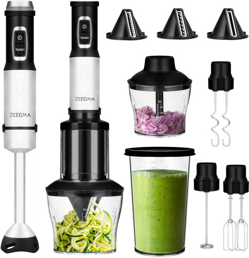 Zeegma Handy Chef — Staafmixer Set 9in1 — 1500W — Titanium Messen — Blender — Mixer — Hakmolen Electrisch — Spiralizer — Spiraalsnijder — Kneder — Klopper — Melkopschuimer Elektrisch — Smoothie — Sauzen — Soepen — Groenten — Deeg — Vaatwasserbestendi
