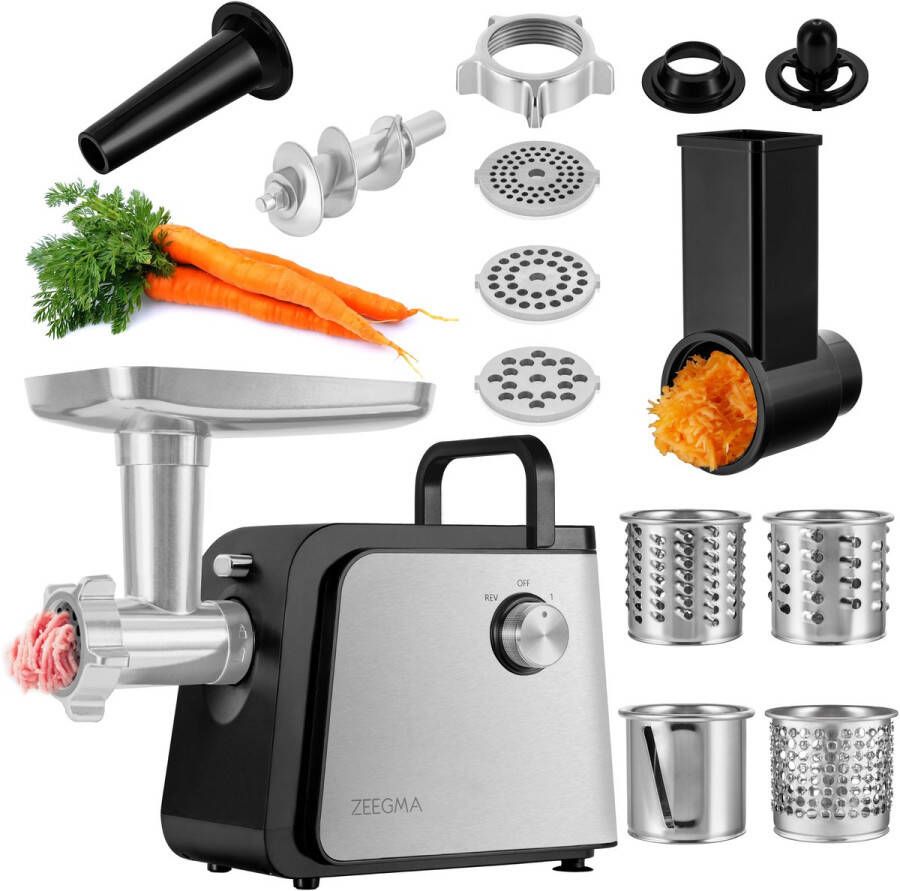 Zeegma Molen Chef Easy Vleesmolen – 2100W – 18kgmin – Metalen Behuizing – Reversefunctie – Gehaktmolen – RVS Maalplaten 3mm 5mm 7mm – Groentesnijder met 4 Trommels – Worstenvuller – Kebbe Opzetstuk – Accessoireopslag – Oververhittingsbeveiliging