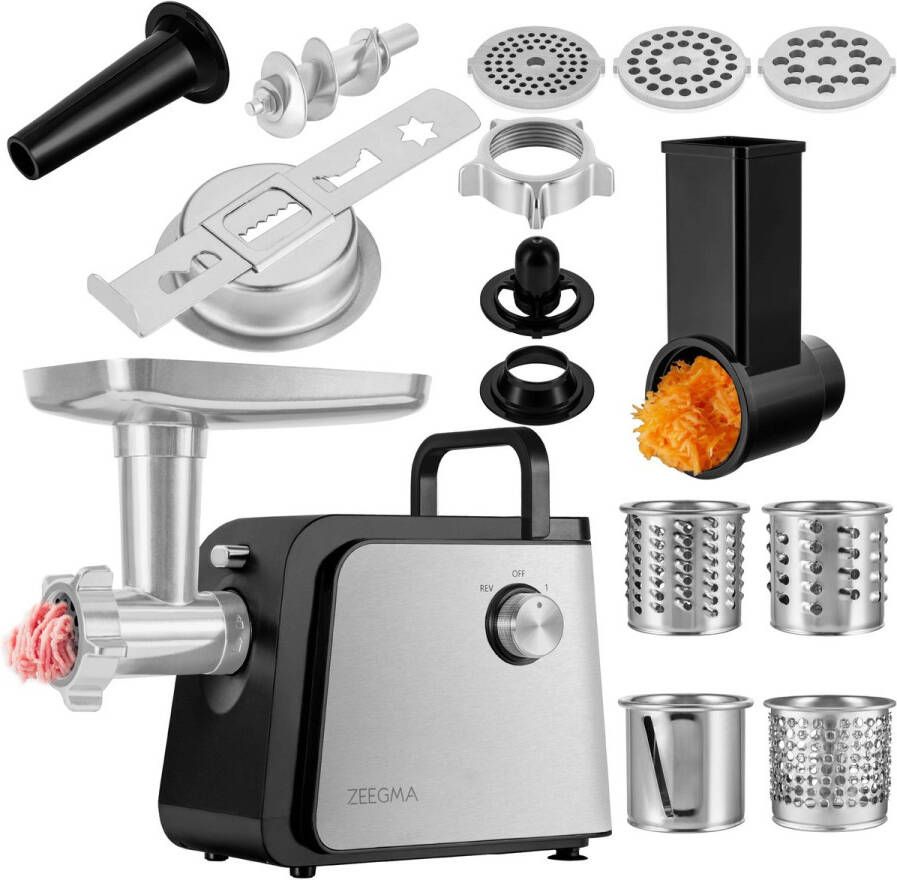 Zeegma Molen Chef Easy Vleesmolen 2100W 18kgmin Metalen Behuizing Reversefunctie Gehaktmolen RVS Maalplaten 3mm 5mm 7mm Groentesnijder met 4 Trommels Worstenvuller Kebbe Opzetstuk Accessoireopslag Cookie Form