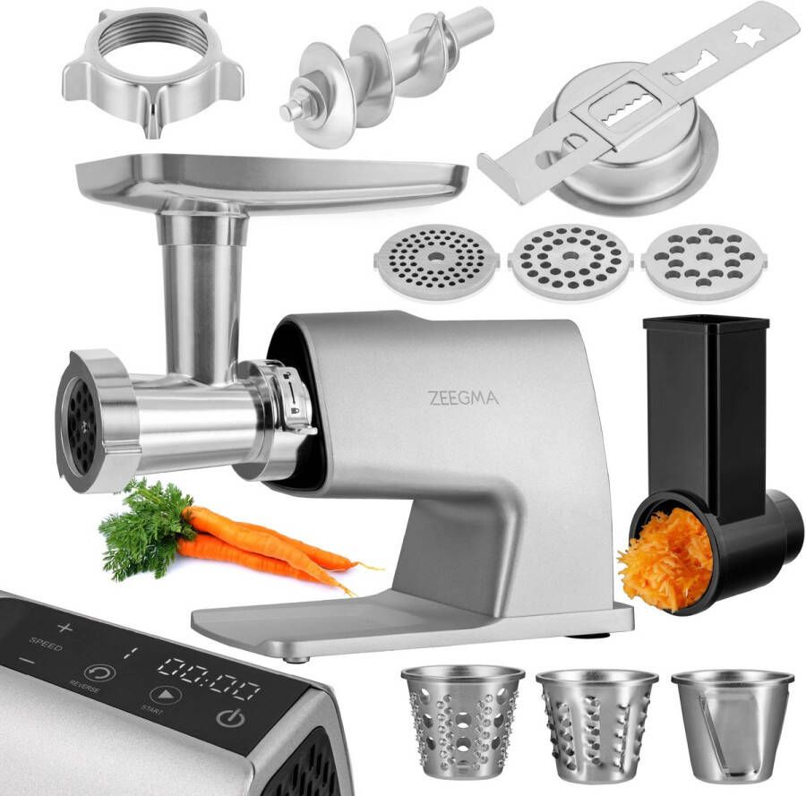 Zeegma Molen Master – 4 in 1 Gehaktmolen Groentenhakker Vleesmolen – 2500W – 2.5kgmin – Touchscreen met LED display – 6 snelheden – Reverse functie – 3 RVS maalplaten – Kebbe opzetstuk – Metalen behuizing – Oververhittingsbeveiliging Cookie form