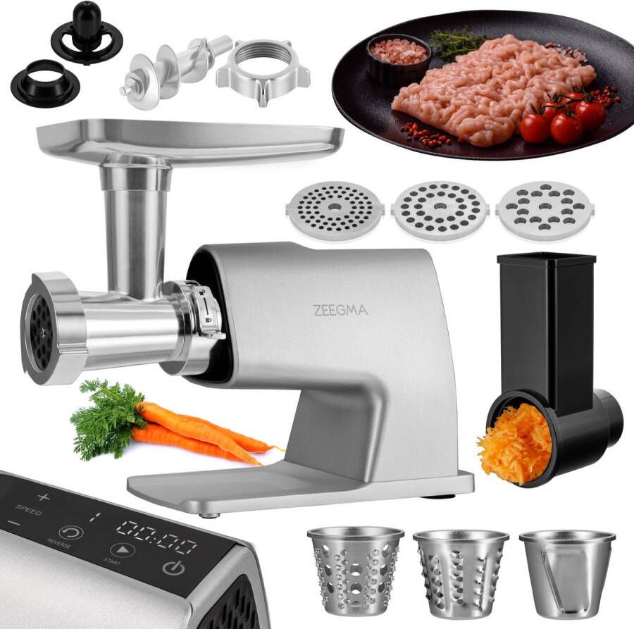 Zeegma Molen Master Vleesmolen – 3 in 1 Gehaktmolen Groentenhakker Worstenmaker – 2500W – 2.5kgmin – Touchscreen met LED display – 6 snelheden – Reverse functie – 3 RVS maalplaten – Kebbe opzetstuk – Metalen behuizing – Oververhittingsbeveiliging