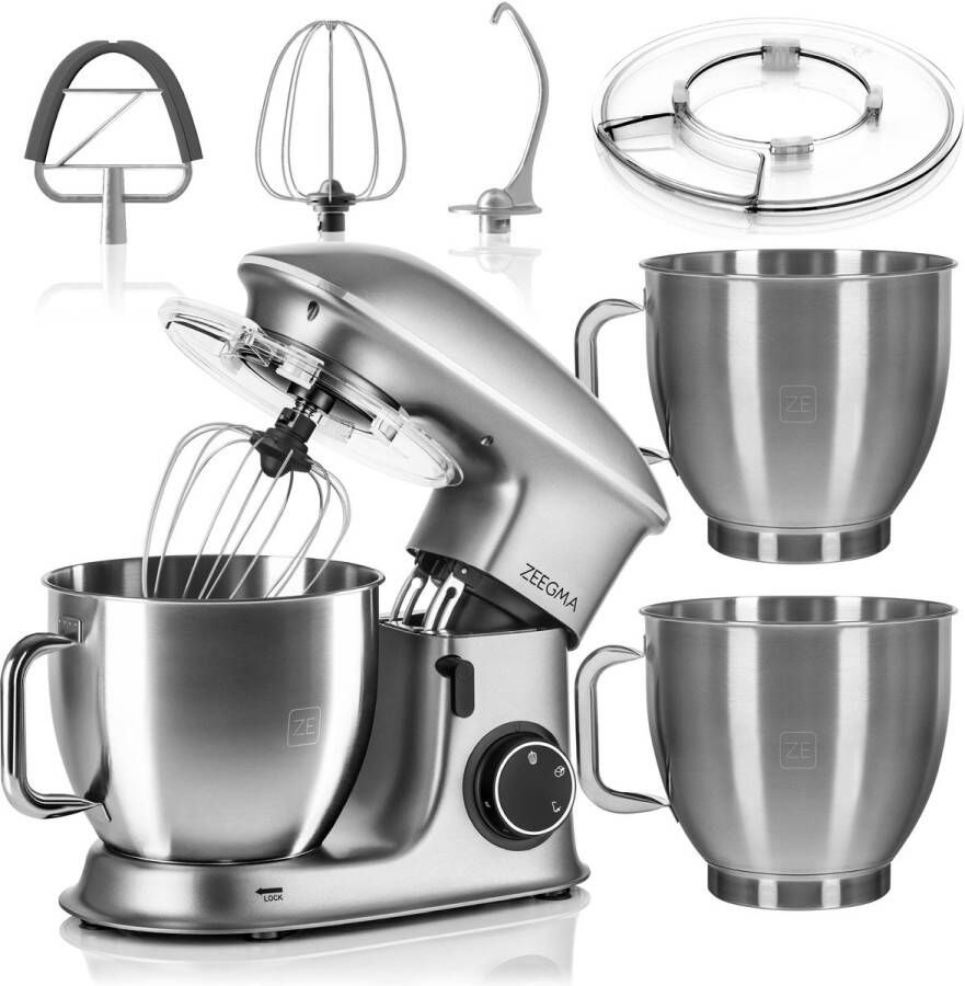 Zeegma Planeet Chef – Keukenmachine 6 5L + Extra Mengkom – 7 snelheden – Pulse modus – Teflon accessoires – Metal Gear aandrijving – Meng- kneed- en klopfunctie – Vaatwasserbestendig – Oververhittingsbeveiliging – LED-verlichting