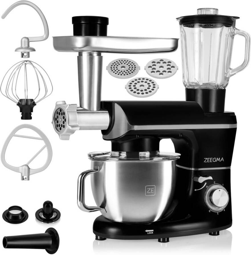 Zeegma Planeet Multi – Keukenmachine – 1900W – Planetaire Rotatie – 6 2L Kom – Blender 1 5L – Vleesmolen – 6 snelheden + Pulse – Inclusief Garde Deeghaak Menghaak Worst- & Kebbeset – Beveiligd & Antislip – Veelzijdige Foodprocessor