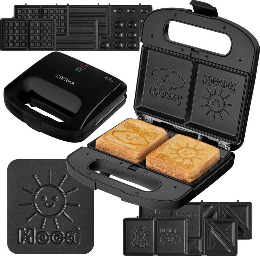 Zeegma Rotee Chef Easy Tosti-apparaat 5 Uitneembare Platen 750W Antiaanbaklaag LED-indicatoren Broodrooster met verwisselbare platen 5 sets verwisselbare platen: Tosti Wafel Grill Voor noten Met glimlach