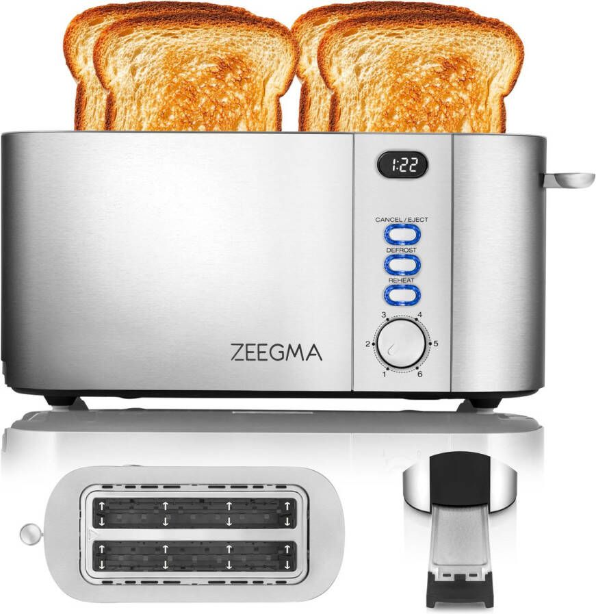Zeegma Tostee Chef Broodrooster 4 Sleuven LED-display 1500W 6 Rooststanden Ontdooien & Opwarmen Kruimellade Automatische Uitschakeling Hoog Liftmechanisme Modern Design