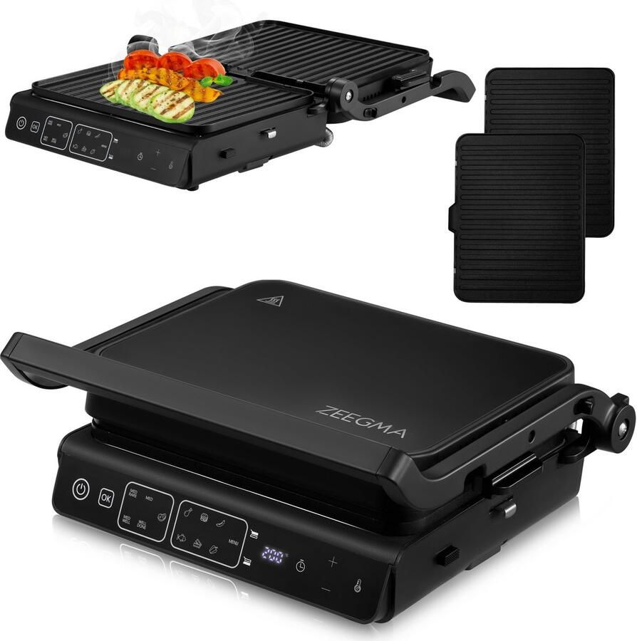 Zeegma Grill Master Elektrische Contactgrill 2000W Antiaanbakplaten Afneembare Platen Timer Thermometer met Sonde 10 Automatische Programma s Manuele Modus Steak Vis Groenten BBQ Verstelbare Helling Onafhankelijk Warmte