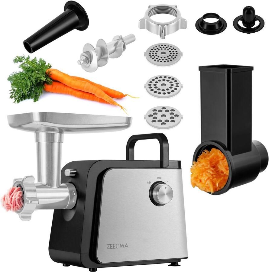 Zeegma Molen Chef Easy Vleesmolen – 2100W – 18kgmin – Metalen Behuizing – Reversefunctie – Gehaktmolen – RVS Maalplaten 3mm 5mm 7mm – Groentesnijder met 4 Trommels – Worstenvuller – Kebbe Opzetstuk – Accessoireopslag – Oververhittingsbeveiliging