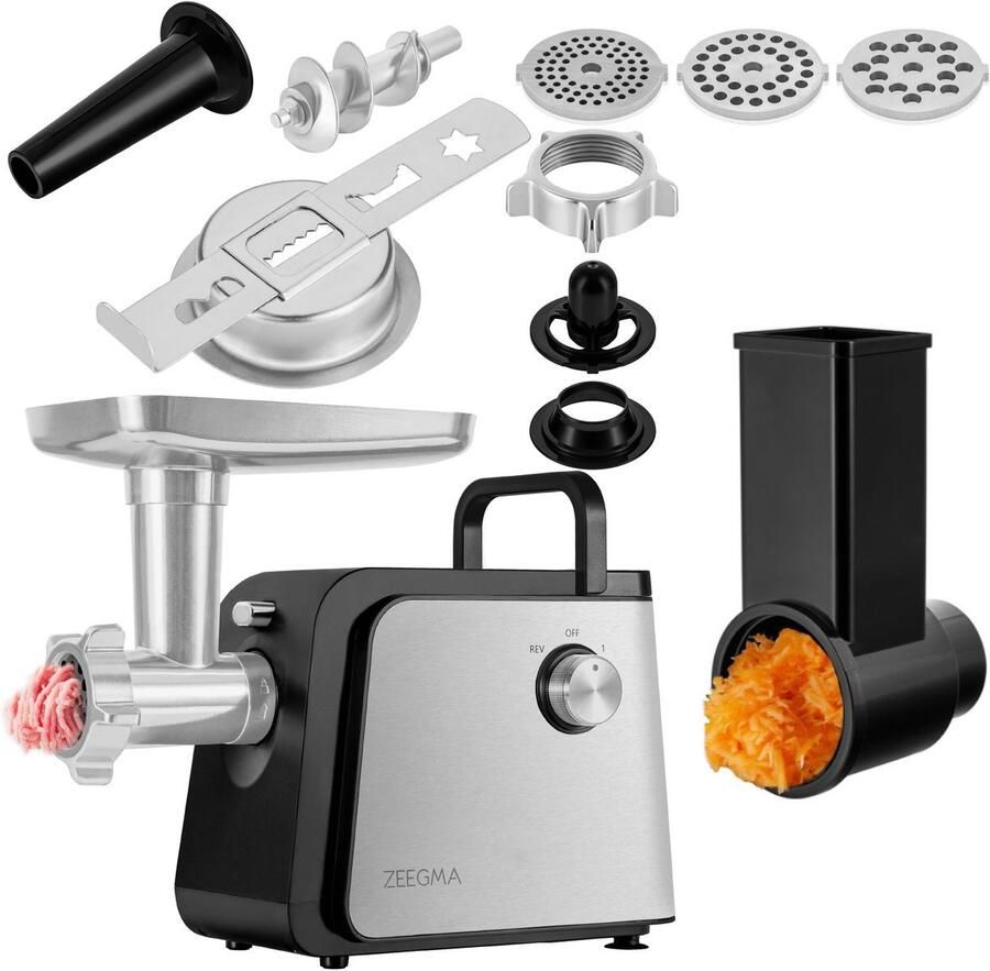 Zeegma Molen Chef Easy Vleesmolen 2100W 18kgmin Metalen Behuizing Reversefunctie Gehaktmolen RVS Maalplaten 3mm 5mm 7mm Groentesnijder met 4 Trommels Worstenvuller Kebbe Opzetstuk Accessoireopslag Cookie Form
