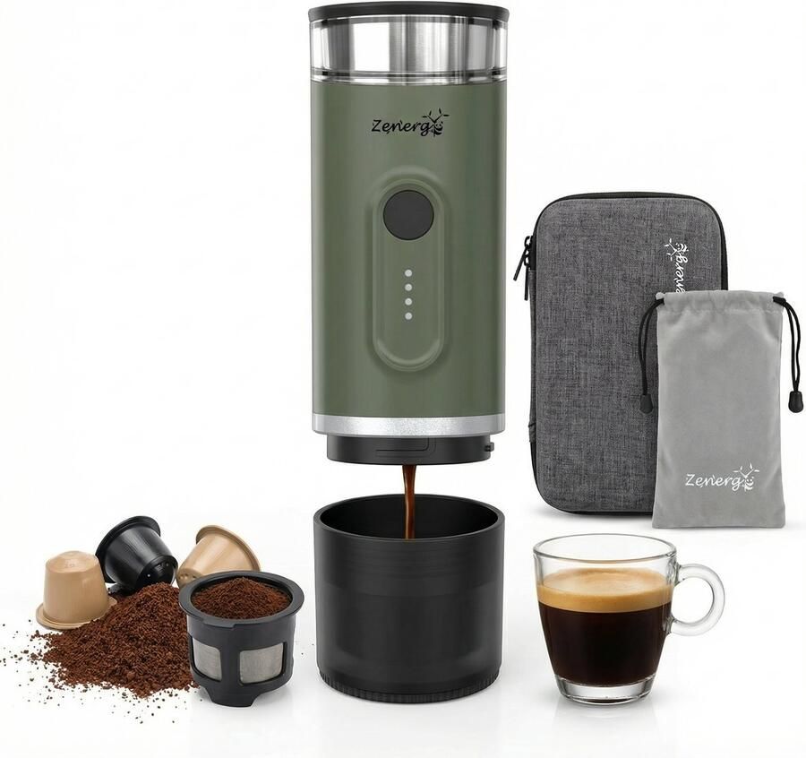 Zenergy Draagbaar Koffiezetapparaat Draagbare Koffiemachine Cups en Gemalen Koffie Espressomachine