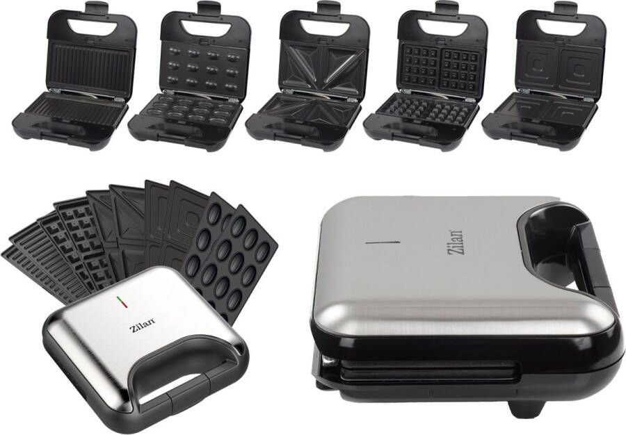 Zilan 5-in-1 Sandwich Maker (800 W) – Grill Wafel Panini & Nutty Platen – Non-stick Contactgrill Set – Zwart Zilver - Foto 2