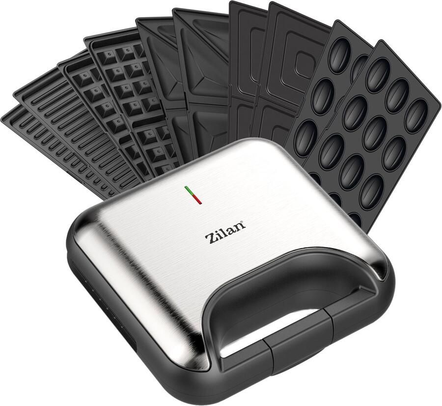 Zilan 5-in-1 Sandwich Maker (800 W) – Grill Wafel Panini & Nutty Platen – Non-stick Contactgrill Set – Zwart Zilver