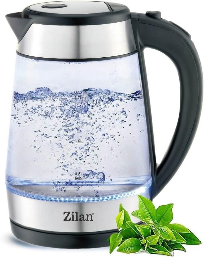 Zilan Glazen Waterkoker 1 7L – 2200W Elektrische Waterkoker met Blauw LED Licht – Borosilicaat Glas & RVS – Snoerloos 360° Draaibaar – Automatische Uitschakeling & Droogkookbeveiliging