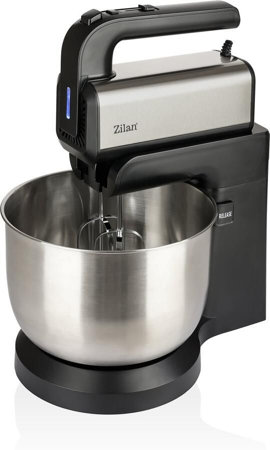 Zilan Handmixer met Kom 500W – Roterende Mengkom 3 5L – 5 Snelheden & Turbofunctie – Elektrische Mixer met Gardes en Deeghaken – RVS Kom