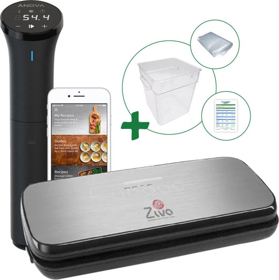 Ziva Sous vide bundel met Anova Nano 3.0(7500W) sous-vide stick Onetouch vacuümsealer Groot(18 liter) waterbak reservoir handige accessoires!