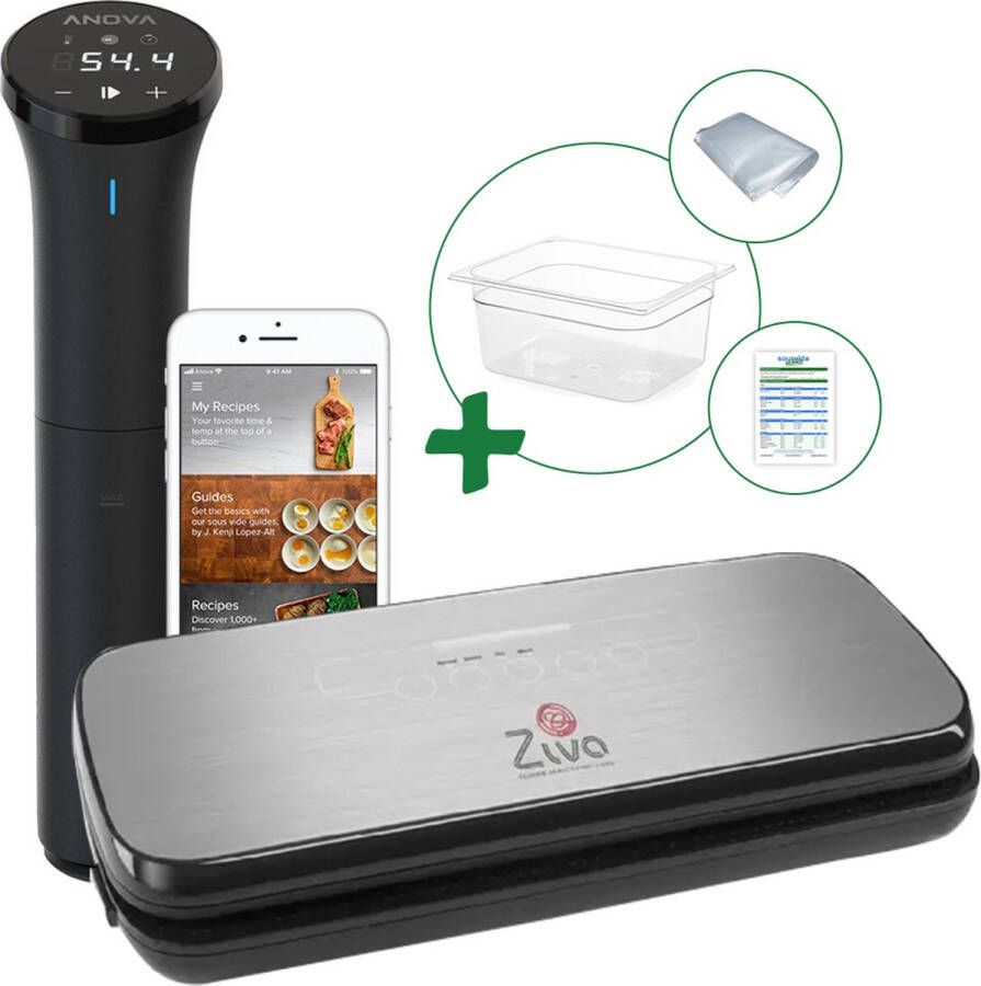 Ziva Sous vide bundel met Anova Nano 3.0(7500W) sous-vide stick Onetouch vacuümsealer Medium (12 liter) waterbak reservoir handige accessoires!