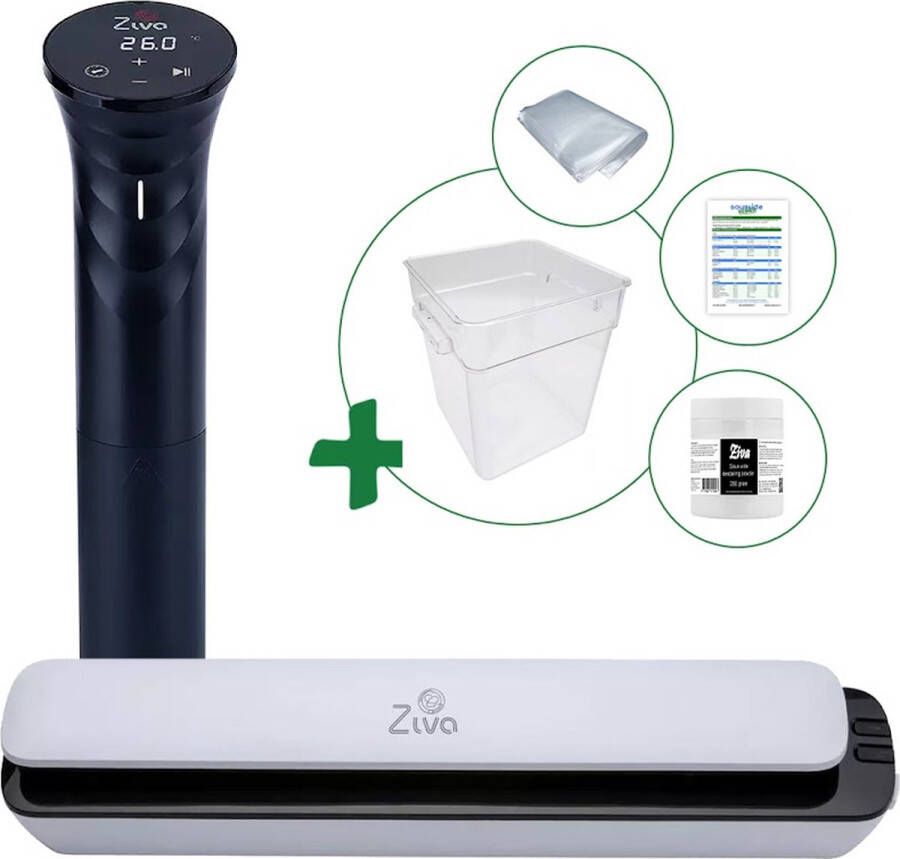 Ziva Sous vide bundel met Savant (1200W) sous-vide stick Slimtouch vacuümsealer Groot(18 liter) waterbak reservoir handige accessoires!