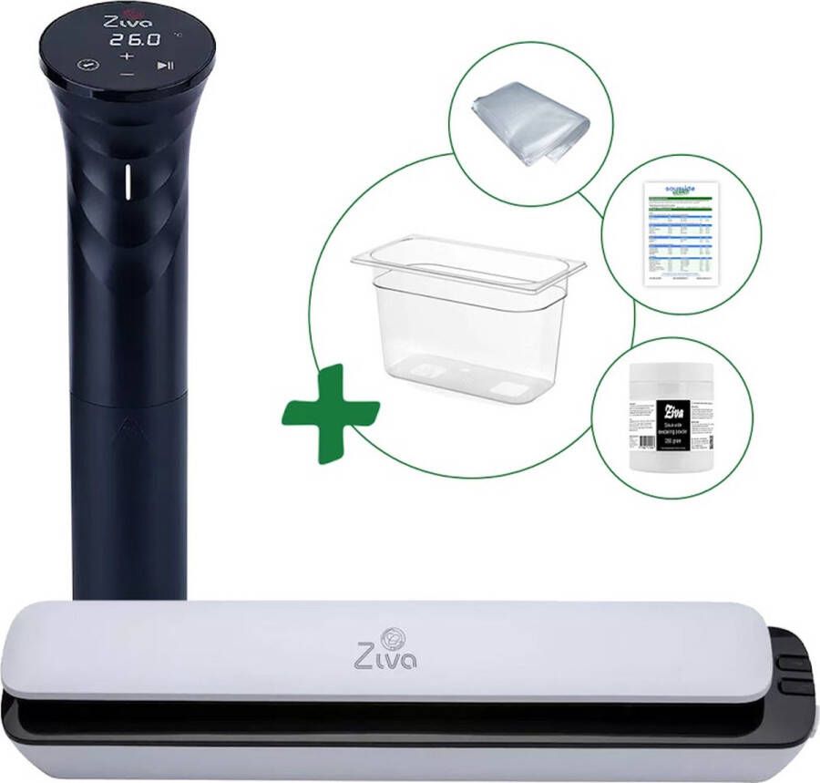 Ziva Sous vide bundel met Savant (1200W) sous-vide stick Slimtouch vacuümsealer Klein(7 liter) waterbak reservoir handige accessoires!