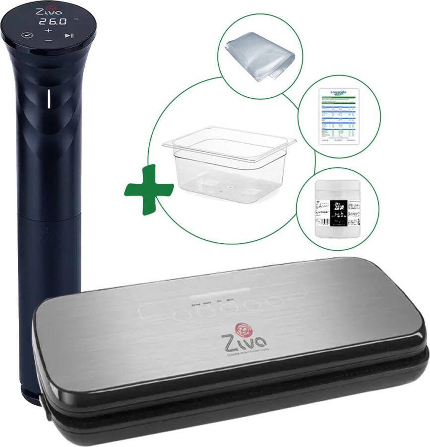 Ziva Sous vide voordeelbundel met Savant (1200W) sous-vide stick- OneTouch vacuümsealer Groot(18 liter) waterbak reservoir handige accessoires!