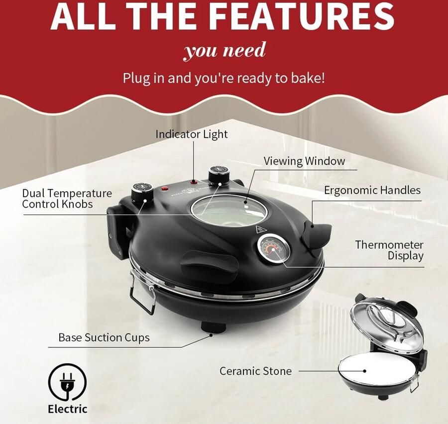 Zolara Elektrische Pizza Oven Pizzamaker Elektrisch Pizzapan Zwart