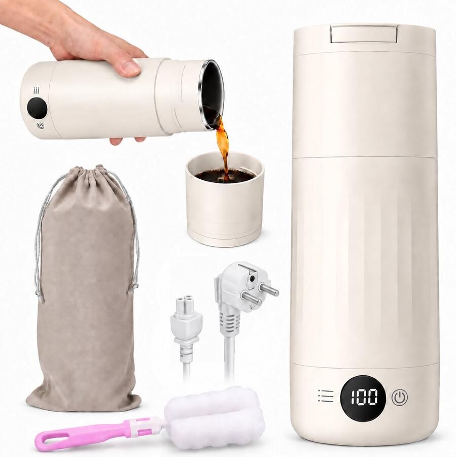 ZOSUDULL -Draagbare Waterkoker-500 ml-Reiswaterkoker met 8 standen-waterkoker met temperatuurregeling-316 RVS-LCD-display-warmhoudfunctie-2-in-1 deksel beker en automatische uitschakeling-Gebroken wit