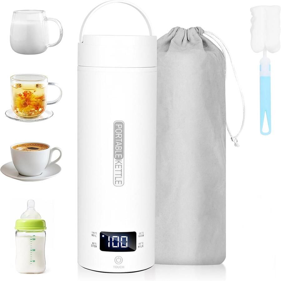 Dnntunk Draagbare Waterkoker met Temperatuurregeling Heetwaterdispenser Kleine Waterkoker Babyvoeding Camping Waterkoker Mini Waterkokers 500ML Reis Waterkoker Wit