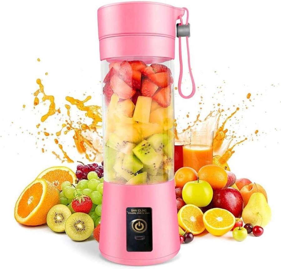 ZVD Draagbare blender Mini blender 23×7 5×7 5 cm Voor shakes en smoothies Oplaadbaar USB 380 ml reissapcentrifuge met 6 messen Roze