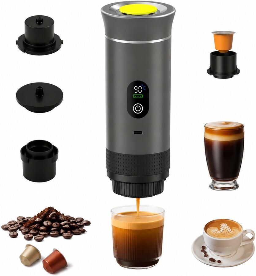 ZVD Draagbaar Koffiezetapparaat 3-in-1 espressomachine – Met led-display – 20 bar druk en indicatoren voor temperatuur en batterijniveau in realtime – Geschikt voor gemalen koffie en capsules – Ideaal voor op reis op kantoor en in de camper – Grijs