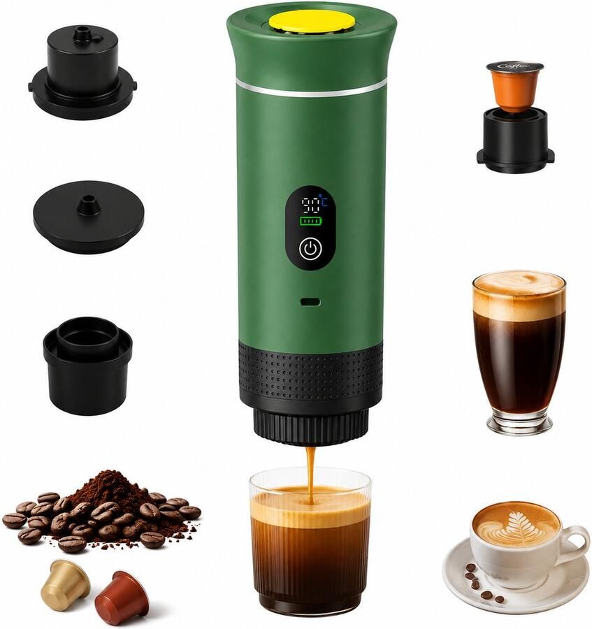 ZVD Draagbaar Koffiezetapparaat 3-in-1 espressomachine – Met led-display – 20 bar druk en indicatoren voor temperatuur en batterijniveau in realtime – Geschikt voor gemalen koffie en capsules – Ideaal voor op reis op kantoor en in de camper – Groen