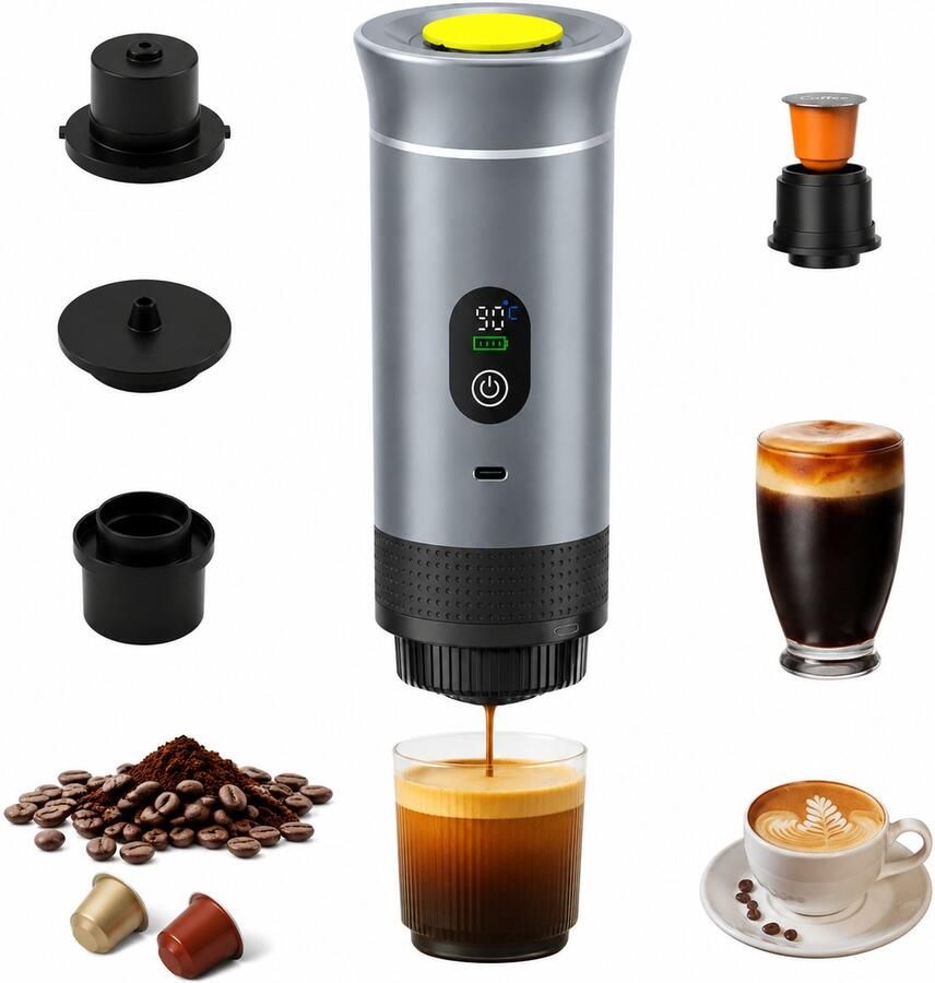 ZVD Draagbaar Koffiezetapparaat 3-in-1 espressomachine – Met led-display – 20 bar druk en indicatoren voor temperatuur en batterijniveau in realtime – Geschikt voor gemalen koffie en capsules – Ideaal voor op reis op kantoor en in de camper – Zilver