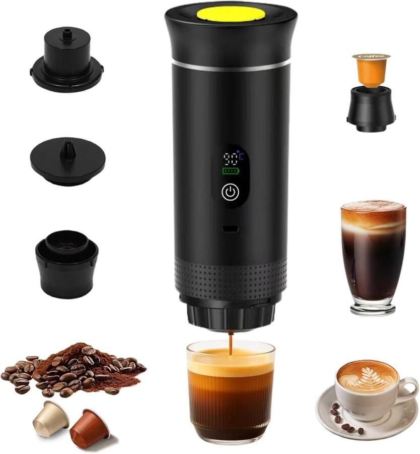 ZVD Draagbaar Koffiezetapparaat 3-in-1 espressomachine – Met led-display – 20 bar druk en indicatoren voor temperatuur en batterijniveau in realtime – Geschikt voor gemalen koffie en capsules – Ideaal voor op reis op kantoor en in de camper – Zwart