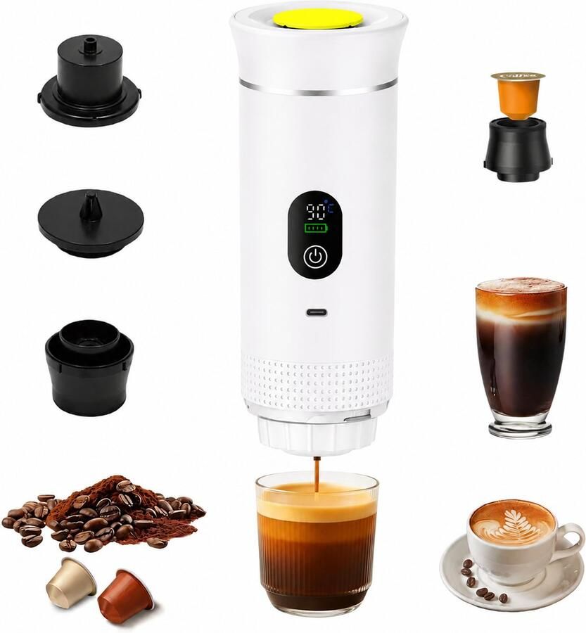 ZVD Draagbaar Koffiezetapparaat 3-in-1 espressomachine – Met led-display – 20 bar druk en indicatoren voor temperatuur en batterijniveau in realtime – Geschikt voor gemalen koffie en capsules – Ideaal voor op reis op kantoor en in de camper – Wit