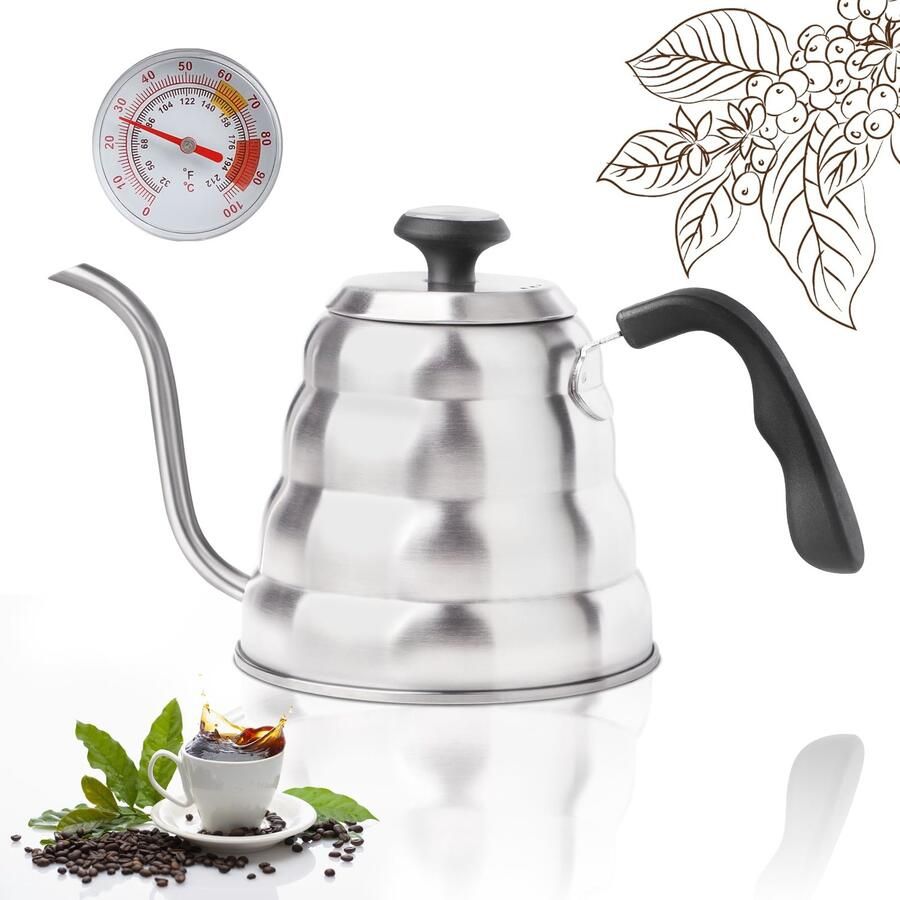 Zwanenhalsketel waterkoker met thermometer 1 2 l roestvrijstalen koffiepot gooseneck ketel voor gas- en inductiekookplaten geborsteld