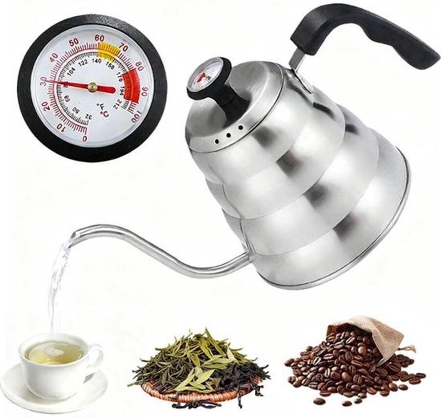 Zwanenhalswaterkoker 1 liter roestvrijstalen waterkoker met thermometer voor overgieten met lange tuit theewaterkoker inductie geschikt voor koffie en thee handdruppelwaterkoker voor gas- en