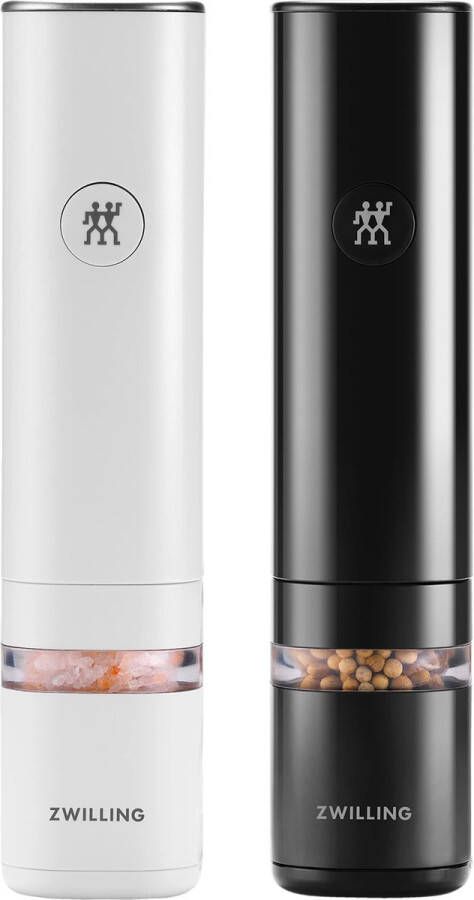 Zwilling ENFINIGY Elektrische Salz- & Pfeffermuhle mit Keramikmahlwerk & LED Beleuchtung Aufladbar per USB 2-teiliges Set: Schwarz & Weiß