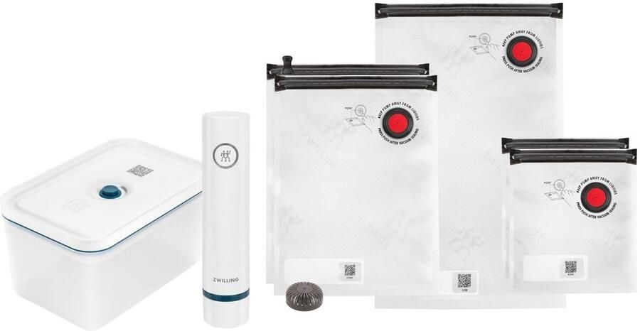 Zwilling Fresh & Save Vacumeermachine – 7-delige Startset Vacuüm Sealer – La Mer Vacuümzakken (5x) – Plastic Vacuüm Bewaardoos (1x) – Vacuümpomp (1x)