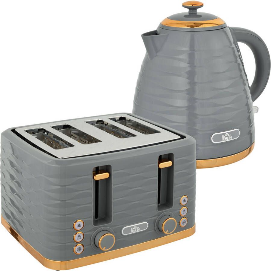 ZYLARO Broodrooster Ontbijtset Waterkoker en broodrooster Toaster 4 sneetjes broodrooster 7 bruiningsniveaus 3000 W Retro Grijs