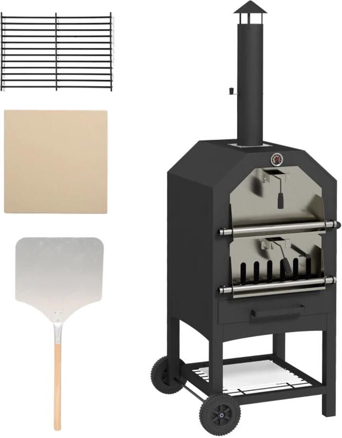 ZYLARO 2-in-1 Pizza Oven Grilloven Grillwagen 3-laags Houtgestookte Oven voor Barbecue met 2 Grillroosters Pizzaschep Aslade Wielen Thermometer Schoorsteen Pizza Maker Houtgestookt Pizzaoven voor Buiten Zwart